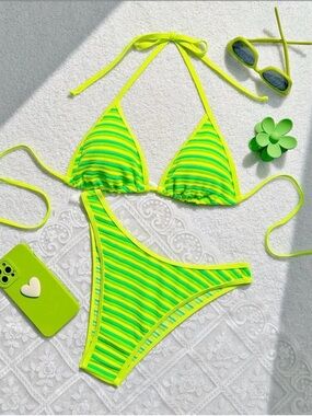 SHEIN Neon Yellow Green Striped Triangle Bikini